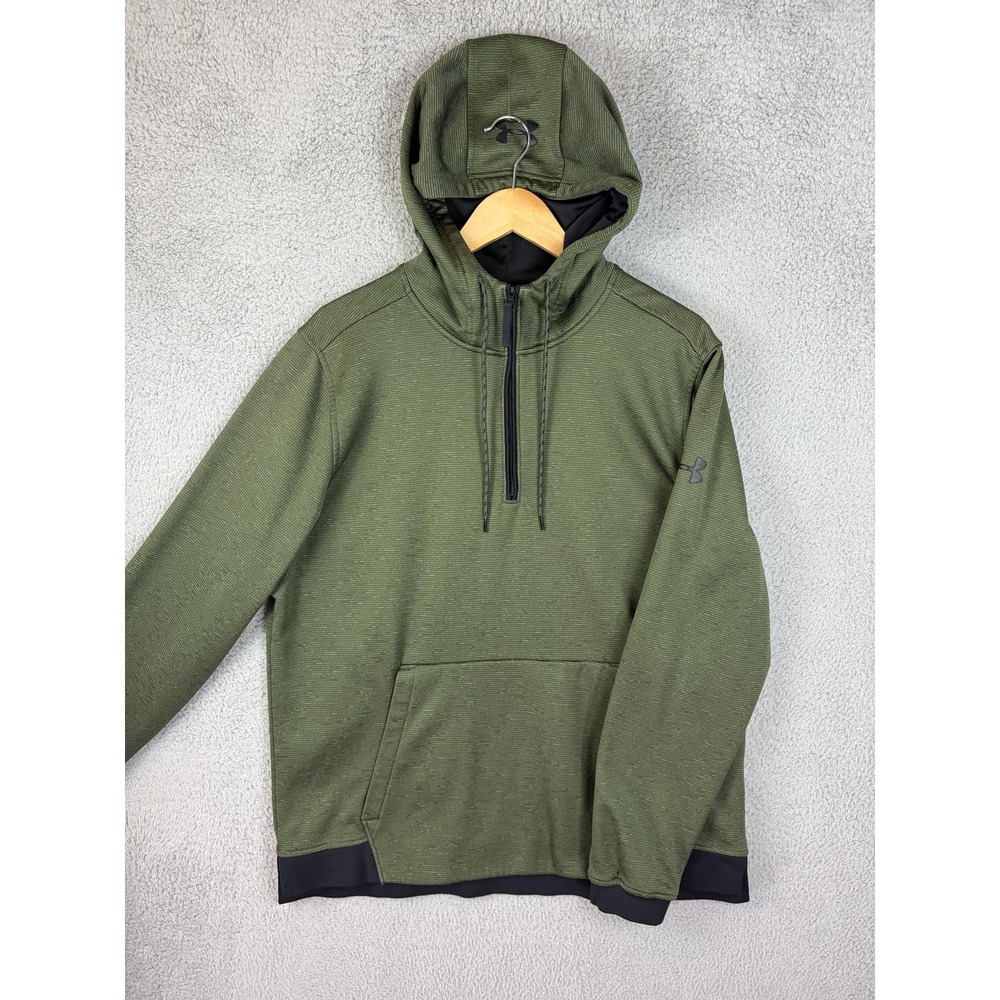 Under Armour Mens ColdGear Green Striped Quarter Zip Fleece Hoodie Large